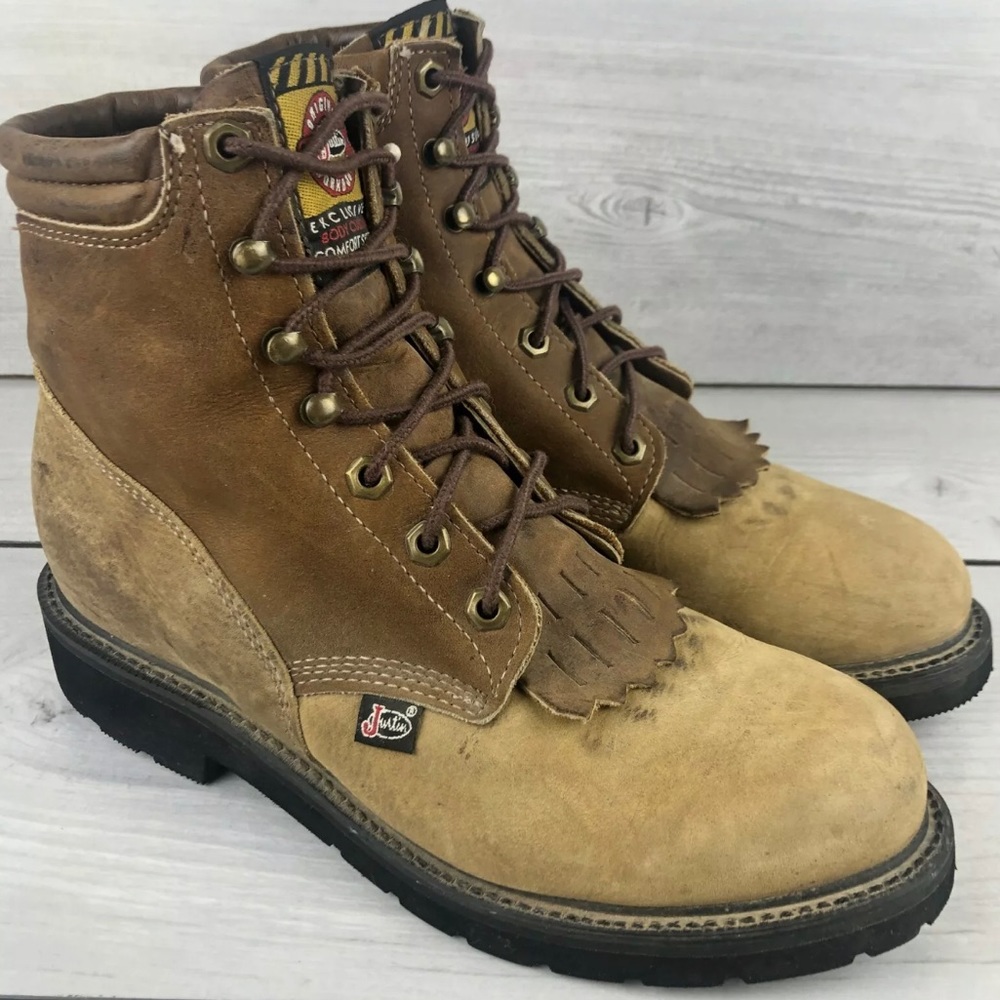 JUSTIN ORIGINAL Leather Lace Up Kiltie Work Boot L0706 Womens Size 9 C Brown